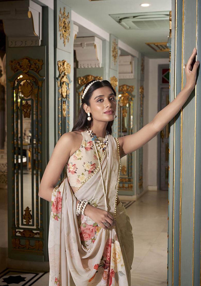 Off White Printed Georgette Saree Set - Indya