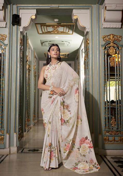Off White Printed Georgette Saree Set