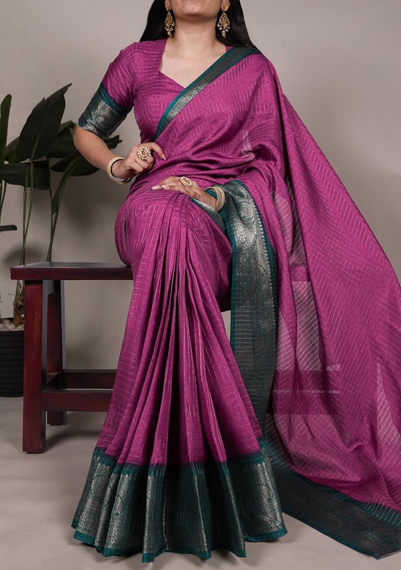 Pink Printed Dola Chex Saree Set - Indya