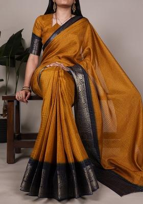 Mustard Printed Dola Chex Saree Set