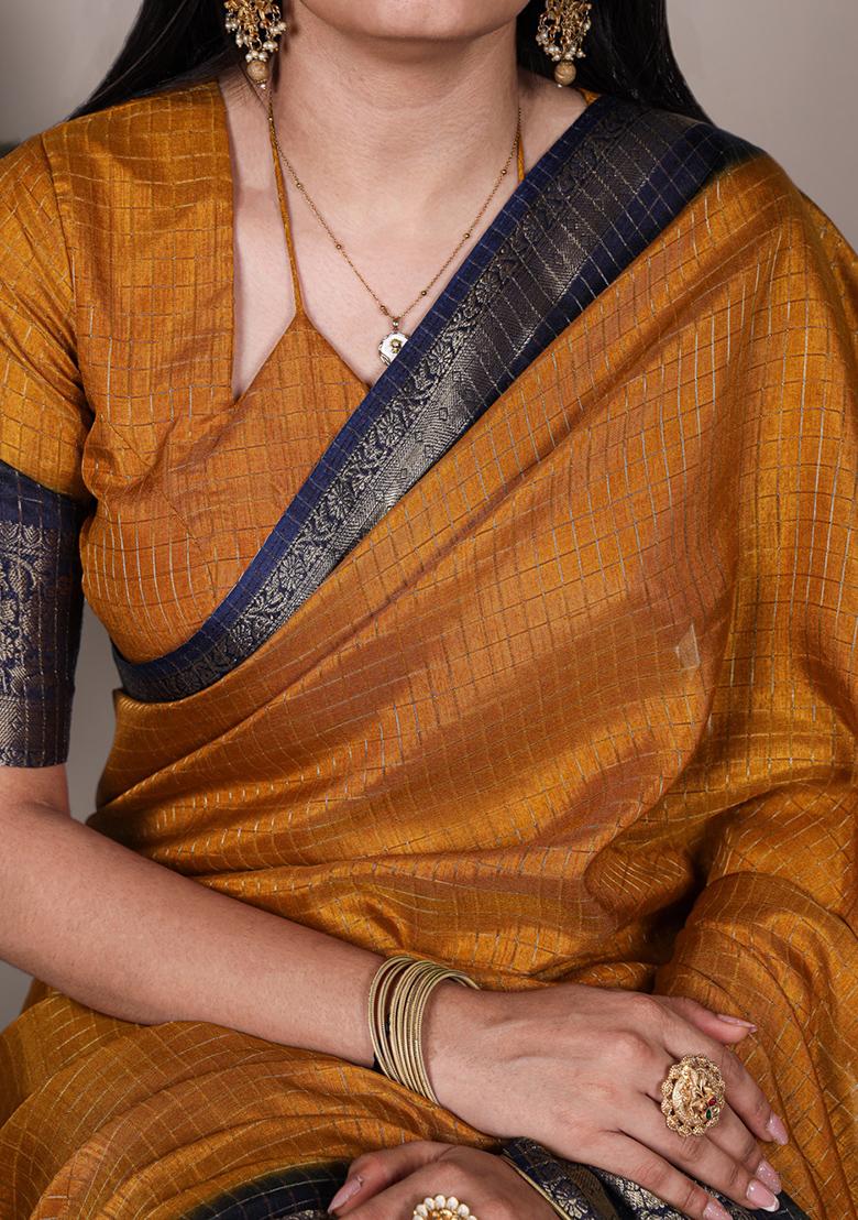 Mustard Printed Dola Chex Saree Set - Indya