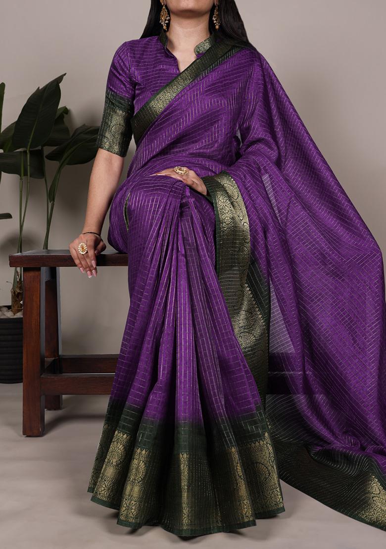 Purple Printed Dola Chex Saree Set - Indya