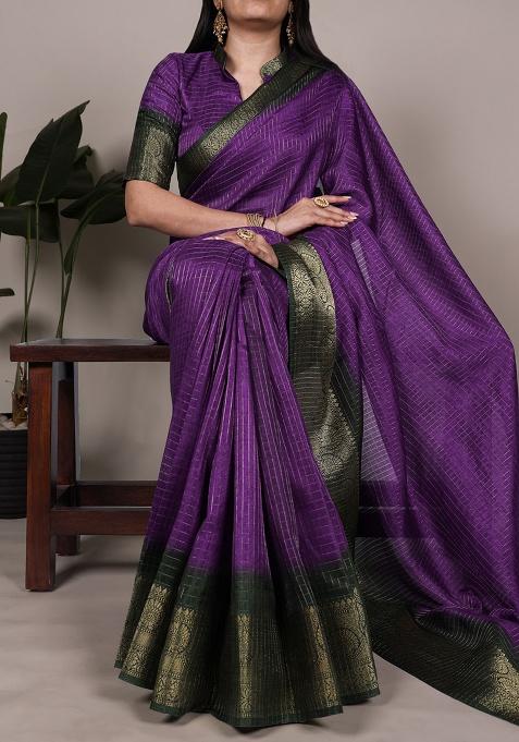 Purple Printed Dola Chex Saree Set