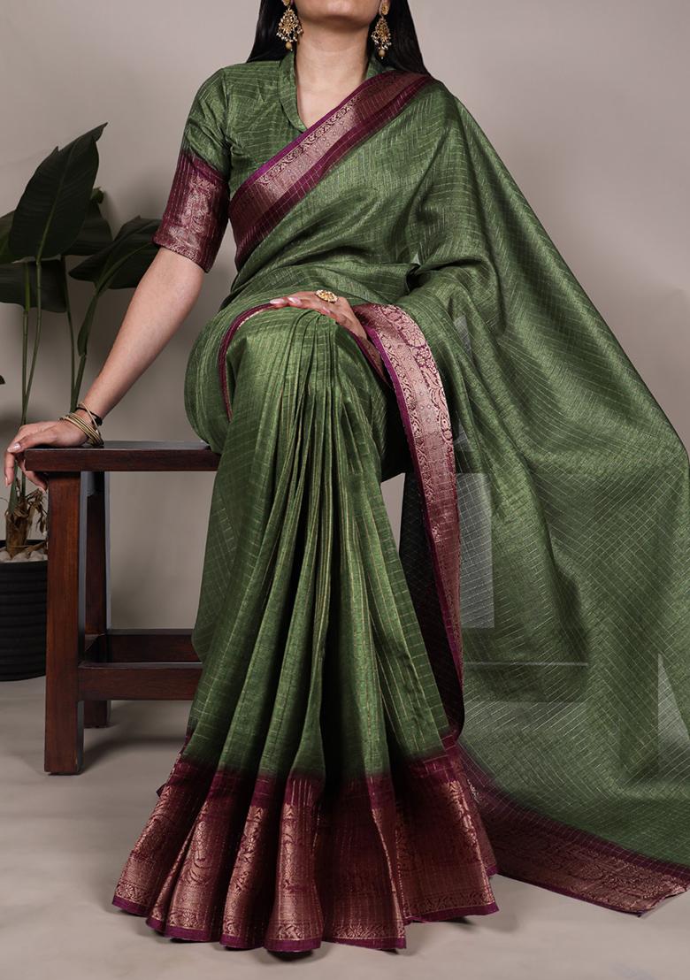 Mehendi Printed Dola Chex Saree Set - Indya