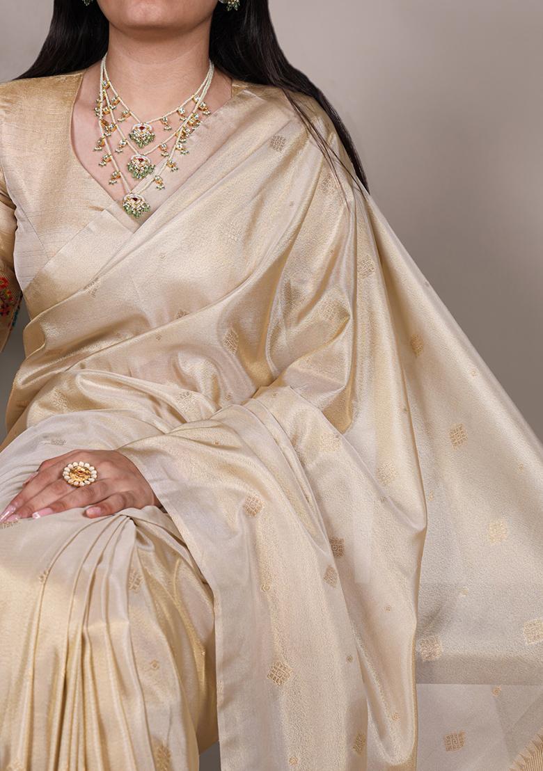 Cream Printed Tissue Saree Set - Indya