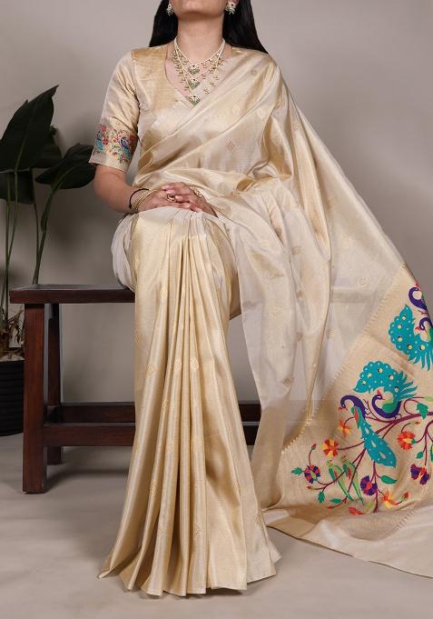 Cream Printed Tissue Saree Set