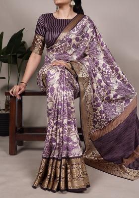 Lavender Printed Silk Saree Set