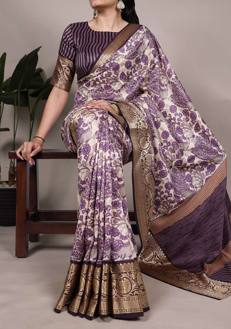 Lavender Printed Silk Blend Saree Set for Diwali and Festive Wear - Indya