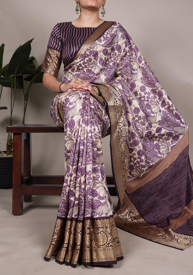 Lavender Printed Silk Saree Set - Indya