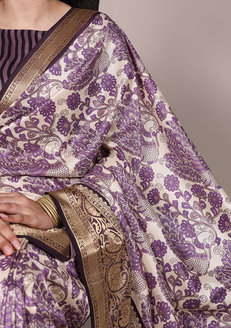 Lavender Printed Silk Blend Saree Set for Diwali and Festive Wear - Indya