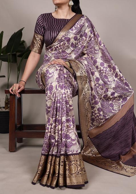Lavender Printed Silk Saree Set