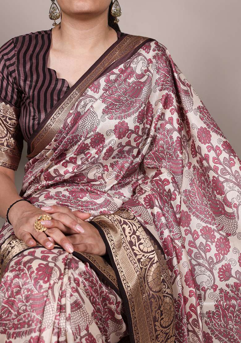 Pink Printed Silk Blend Saree Set for Diwali and Festive Wear - Indya