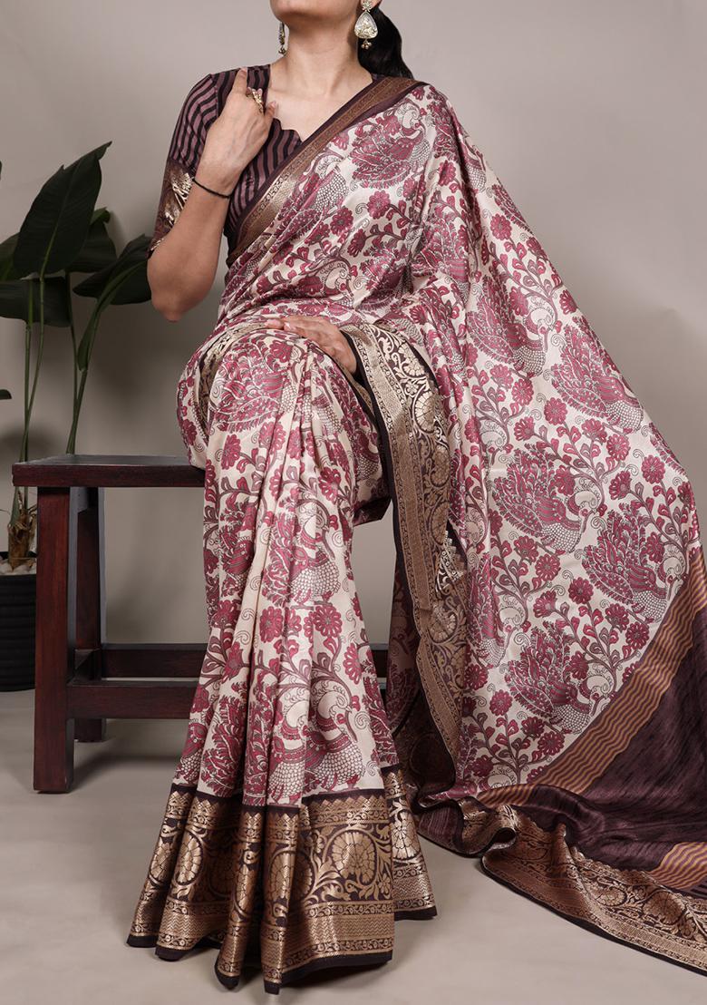 Pink Printed Silk Saree Set - Indya