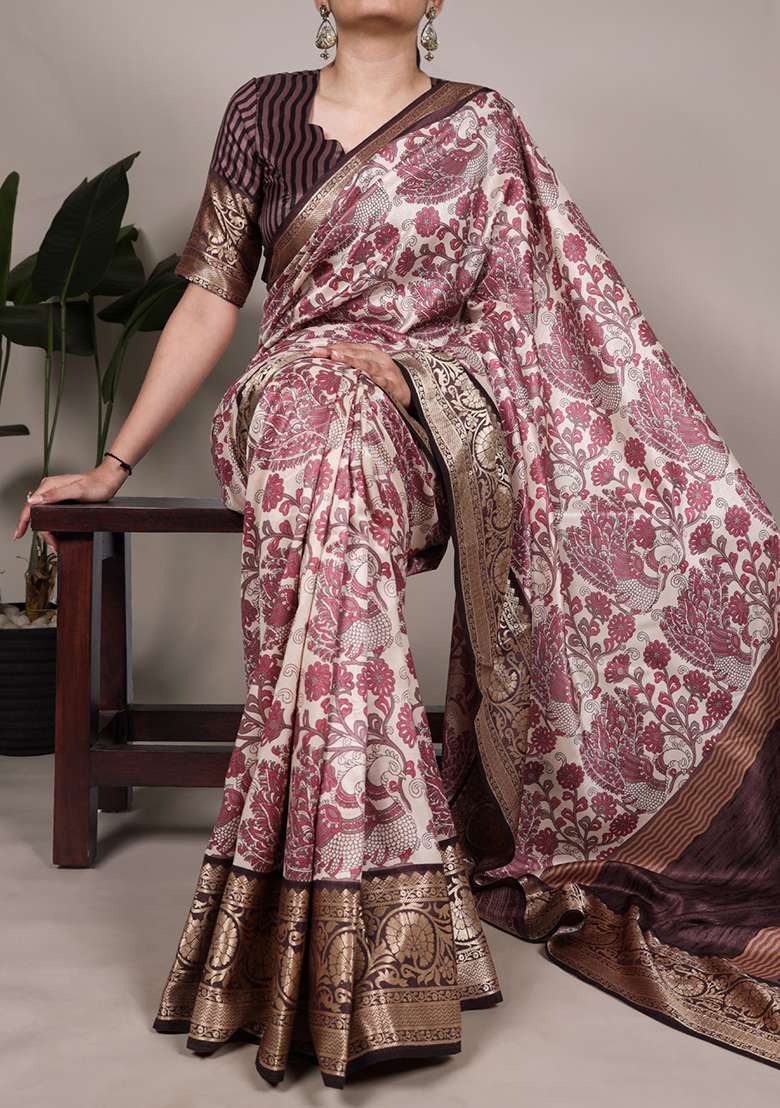 Pink Printed Silk Blend Saree Set for Diwali and Festive Wear - Indya