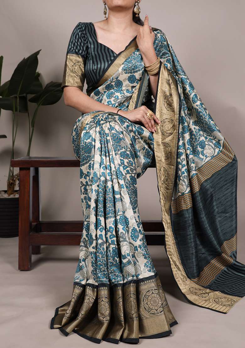Sky Blue Printed Silk Blend Saree Set for Diwali and Festive Wear - Indya