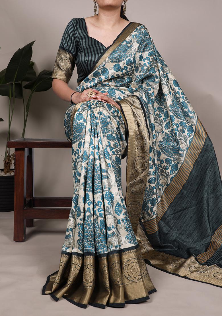 Sky Blue Printed Silk Saree Set - Indya