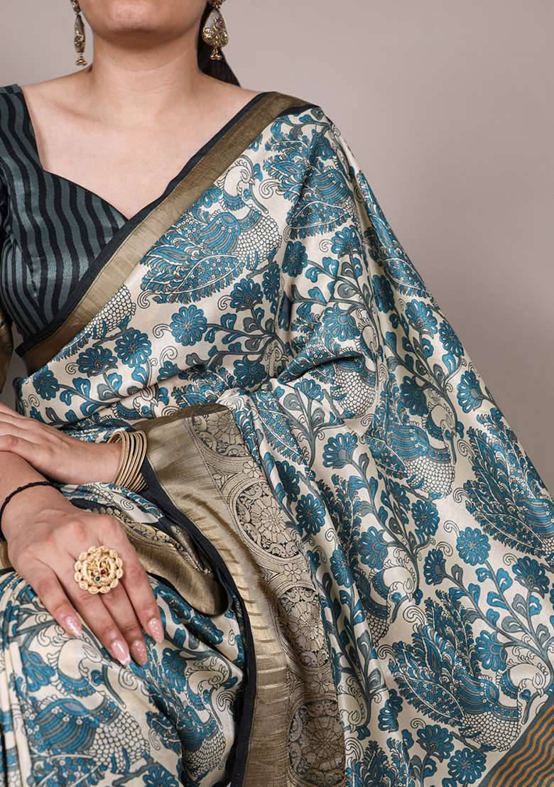Sky Blue Printed Silk Blend Saree Set for Diwali and Festive Wear - Indya