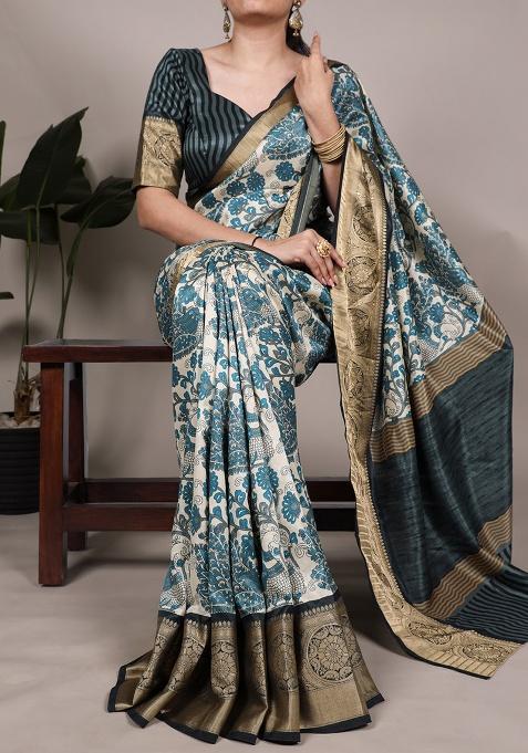 Sky Blue Printed Silk Saree Set