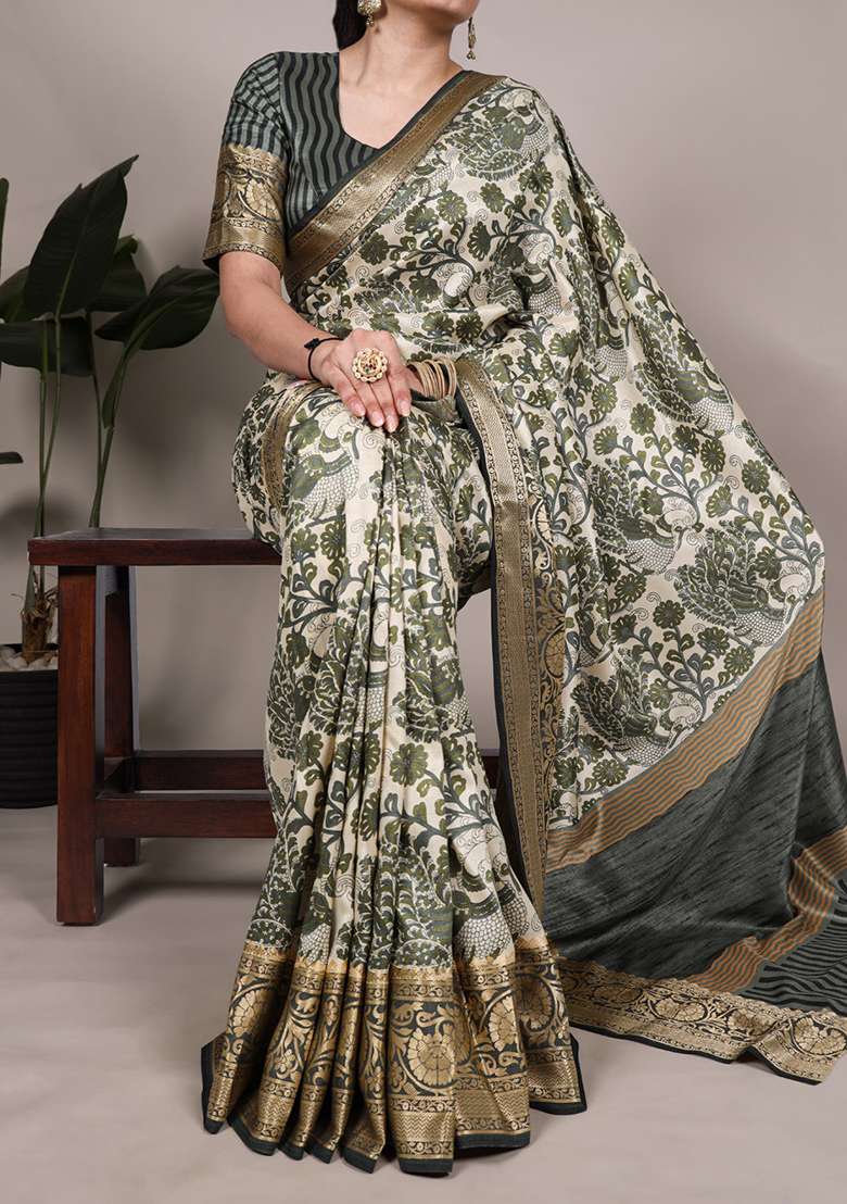 Mehendi Printed Silk Blend Saree Set for Diwali and Festive Wear - Indya
