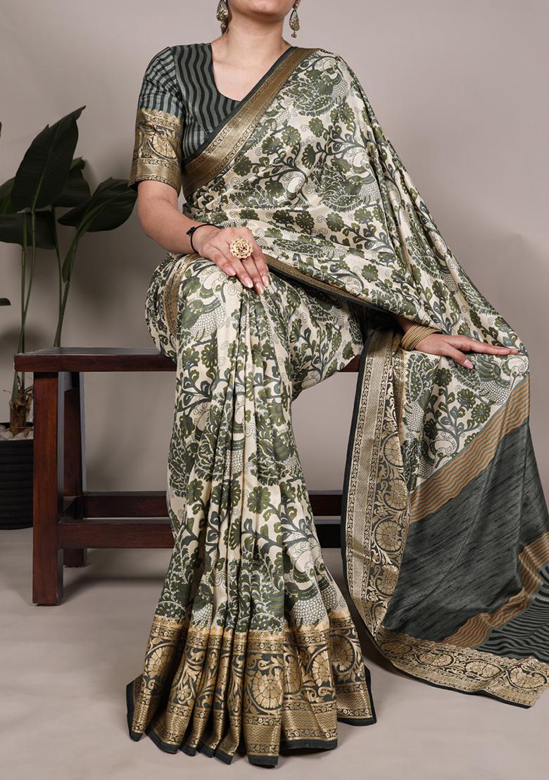 Mehendi Printed Silk Saree Set - Indya