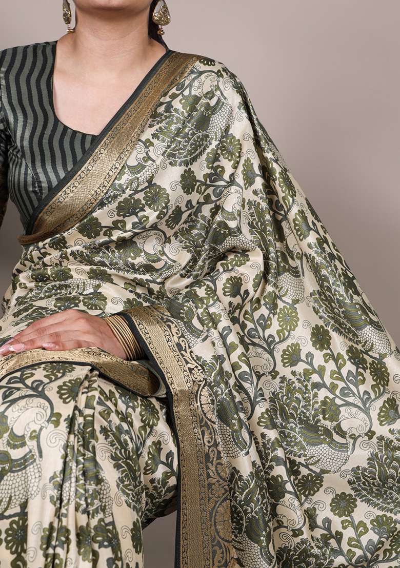 Mehendi Printed Silk Blend Saree Set for Diwali and Festive Wear - Indya