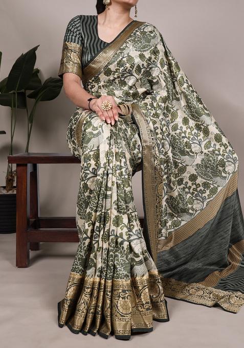 Mehendi Printed Silk Saree Set