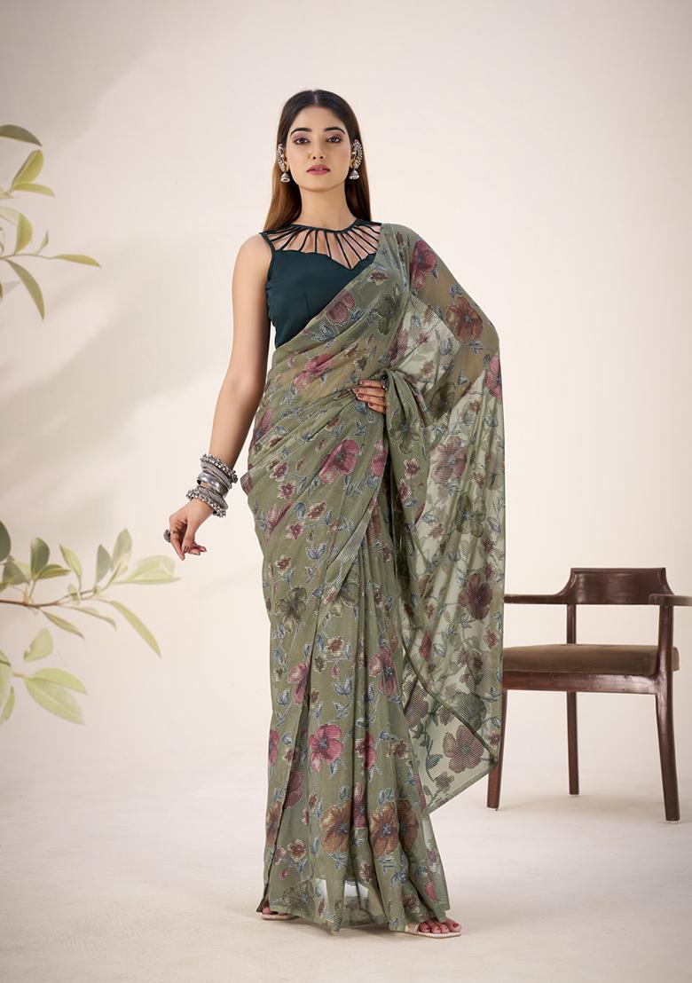Mehendi Printed Lurex Brasso Saree Set - Indya