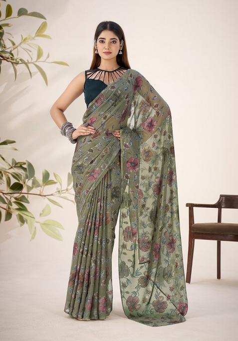 Mehendi Printed Lurex Brasso Saree Set