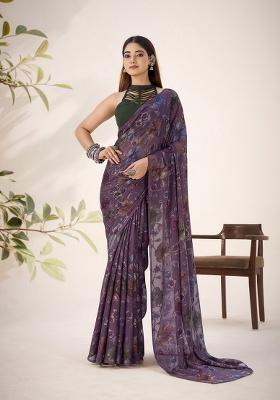 Wine Printed Lurex Brasso Saree Set