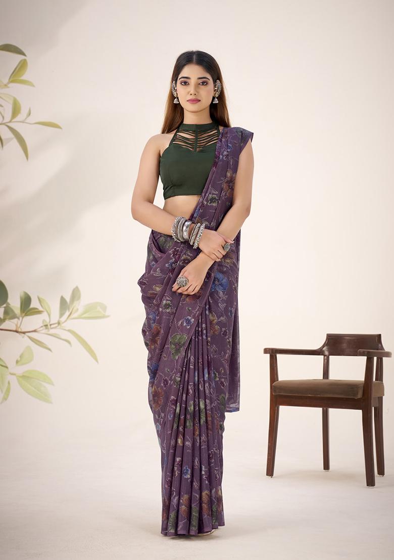 Wine Printed Lurex Brasso Saree Set - Indya