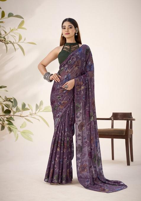 Wine Printed Lurex Brasso Saree Set