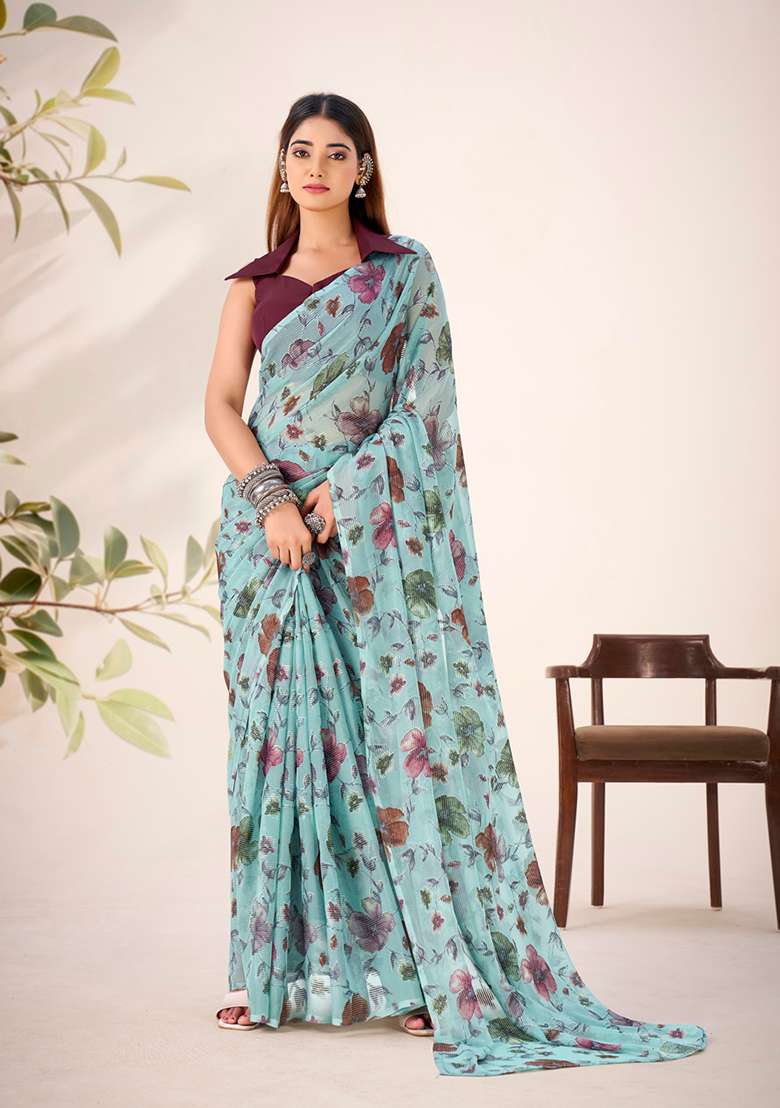 Sea Green Printed Lurex Brasso Saree Set for Diwali and Festive Wear - Indya