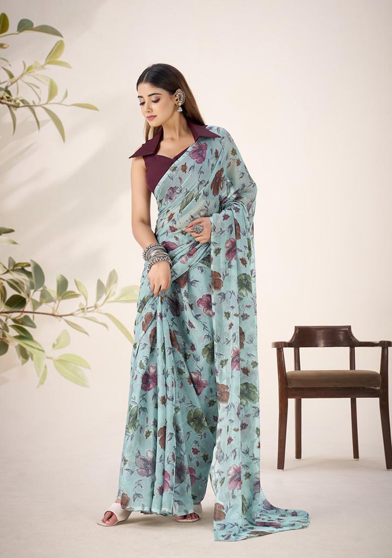 Sea Green Printed Lurex Brasso Saree Set - Indya