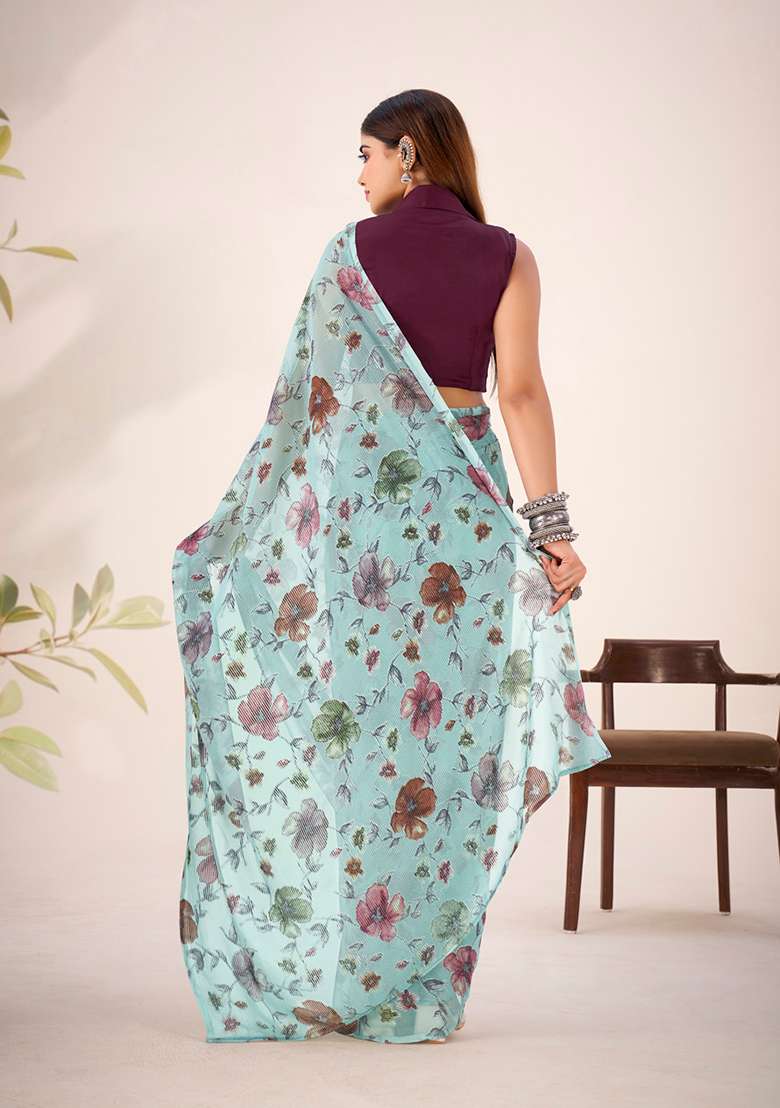Sea Green Printed Lurex Brasso Saree Set for Diwali and Festive Wear - Indya