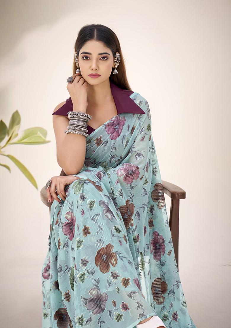 Sea Green Printed Lurex Brasso Saree Set - Indya