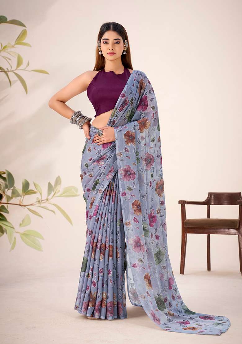 Grey Printed Lurex Brasso Saree Set for Diwali and Festive Wear - Indya