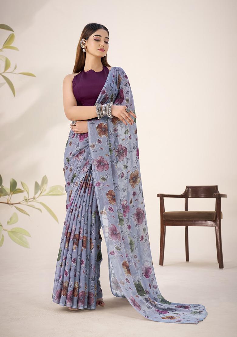 Grey Printed Lurex Brasso Saree Set - Indya