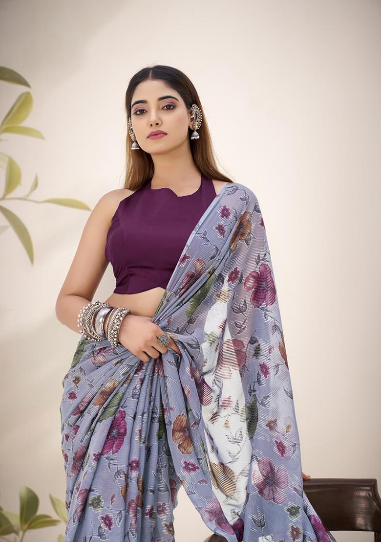 Grey Printed Lurex Brasso Saree Set - Indya