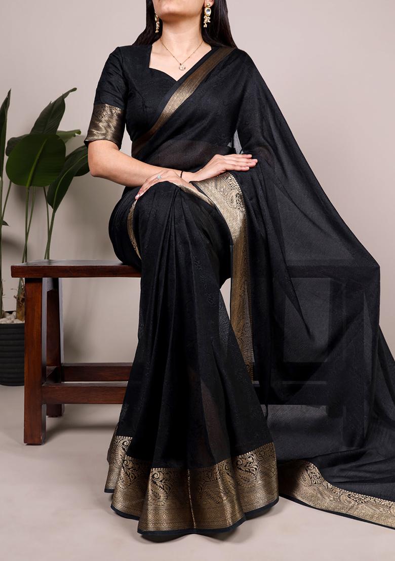 Black Printed Mass Mello Saree Set - Indya