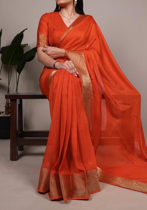 Orange Printed Mass Mello Saree Set