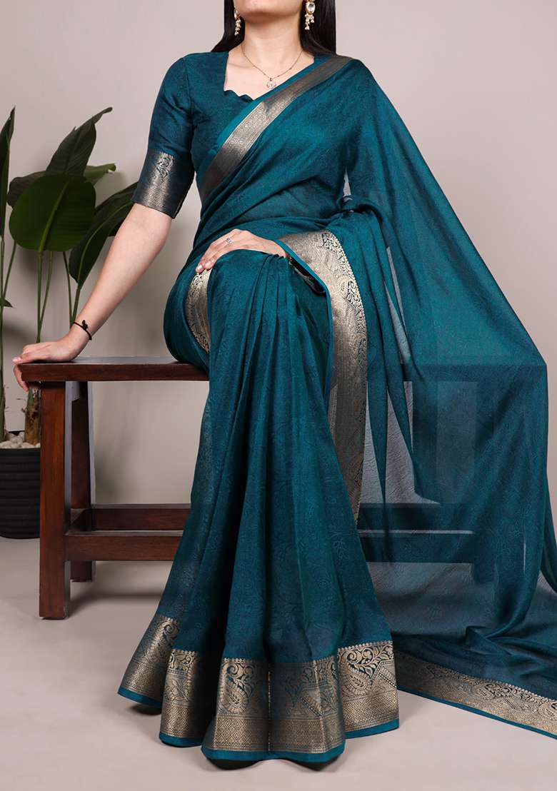 Teal Printed Mass Mello Saree Set for Diwali and Festive Wear - Indya