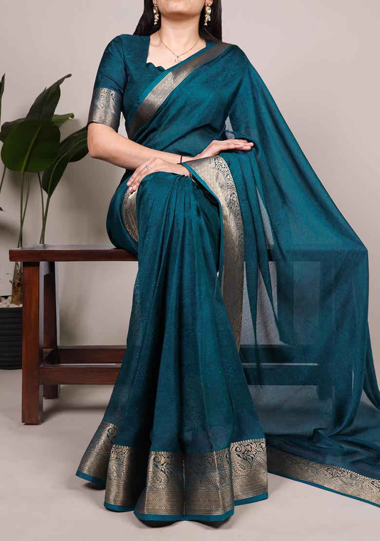 Teal Printed Mass Mello Saree Set - Indya