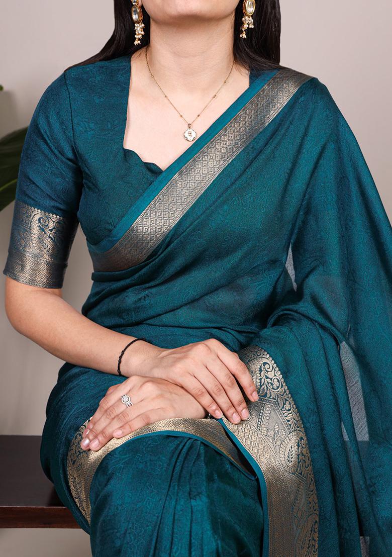 Teal Printed Mass Mello Saree Set - Indya