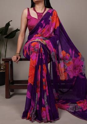 Purple Printed Marbal Saree Set