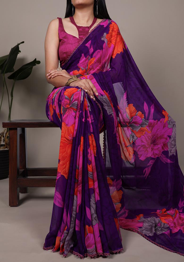 Purple Printed Marbal Saree Set - Indya