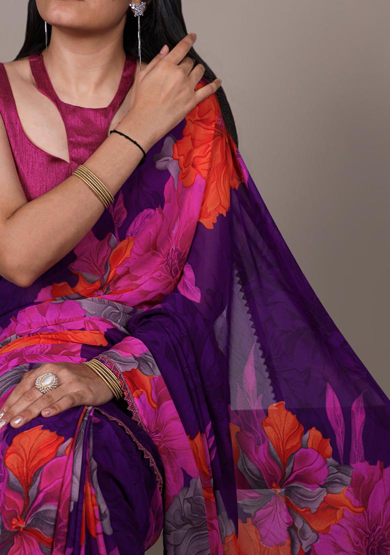 Purple Printed Marbal Saree Set - Indya