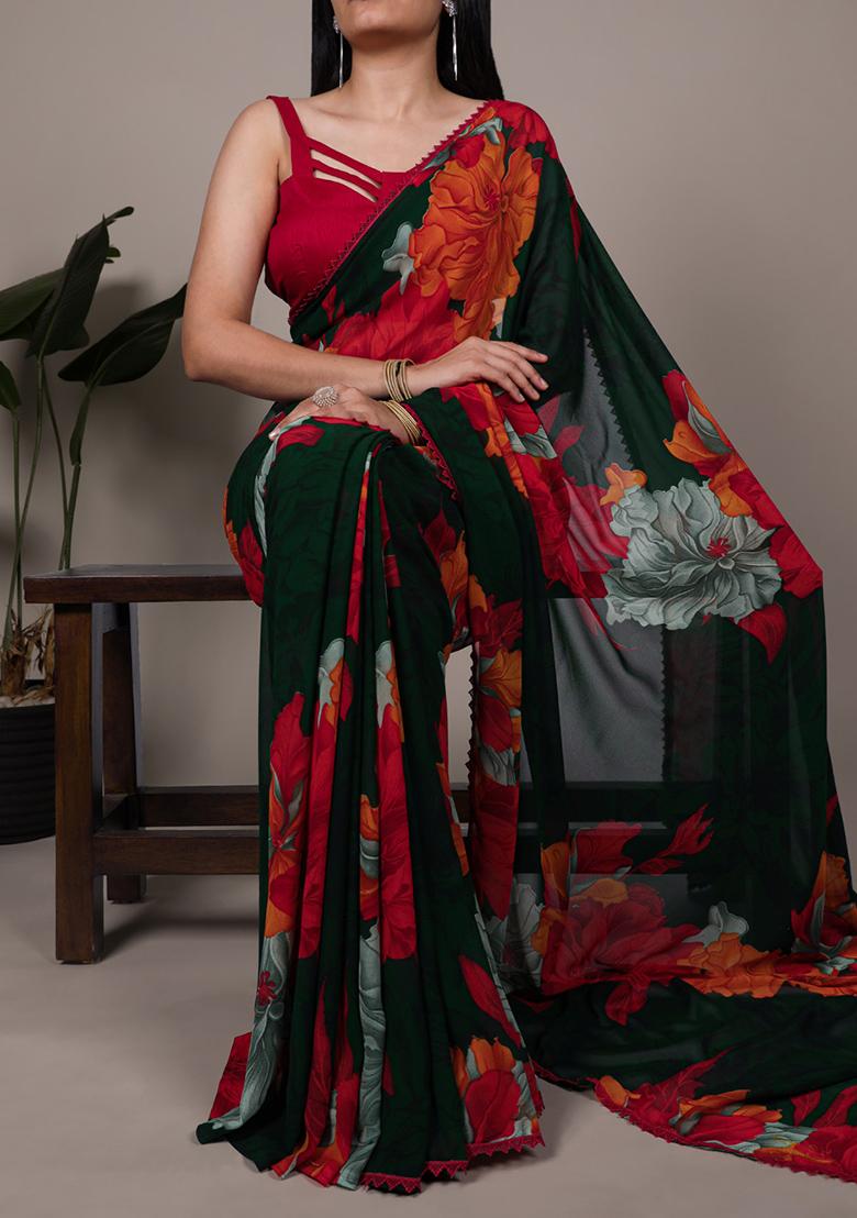 Red Printed Marbal Saree Set - Indya