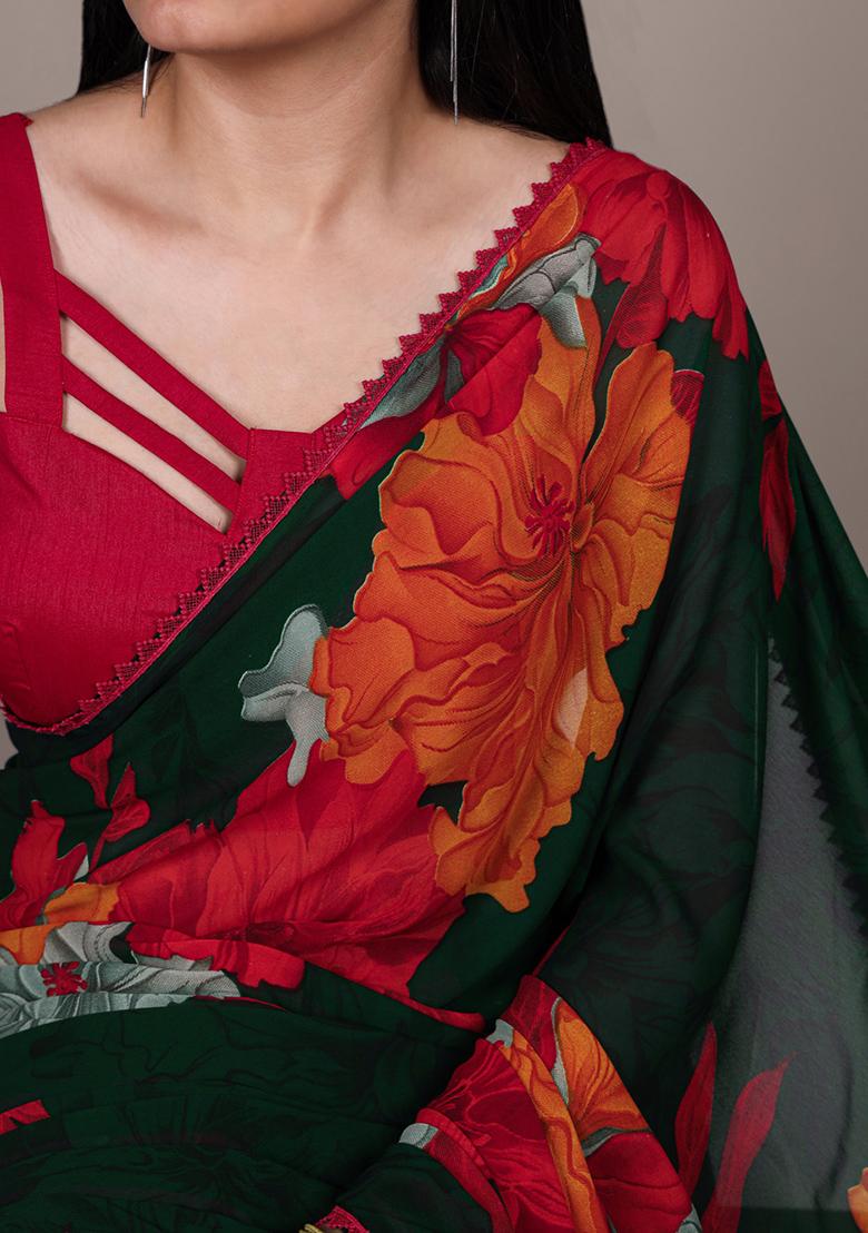 Red Printed Marbal Saree Set - Indya