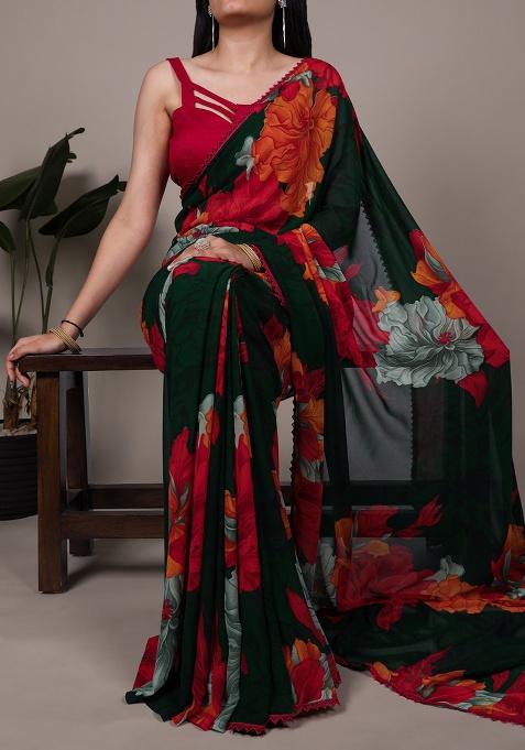 Red Printed Marbal Saree Set