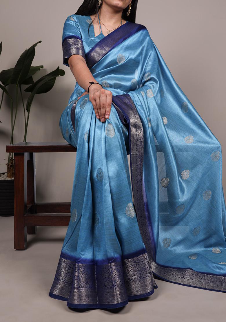 Sky Blue Printed Silk Saree Set - Indya